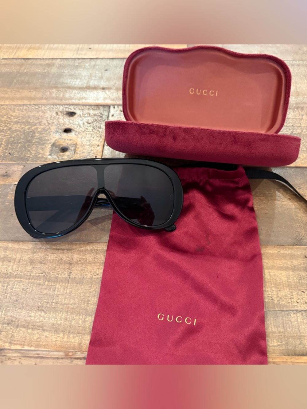 Gucci Black Shield Sunglasses with Burgundy Case and Pouch